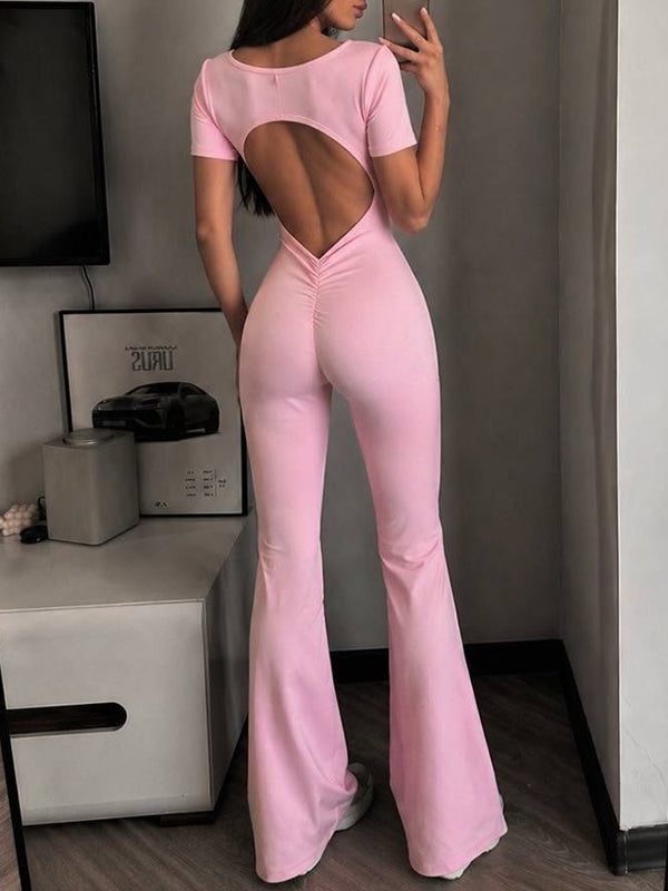 Solid Open-Back Flared Jumpsuit