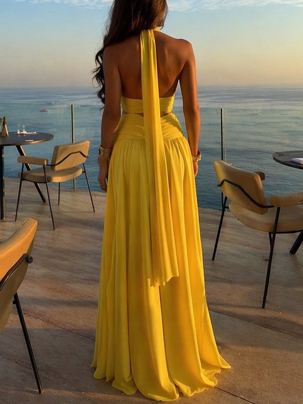 Solid Ruched Halter Top & Skirt Set
