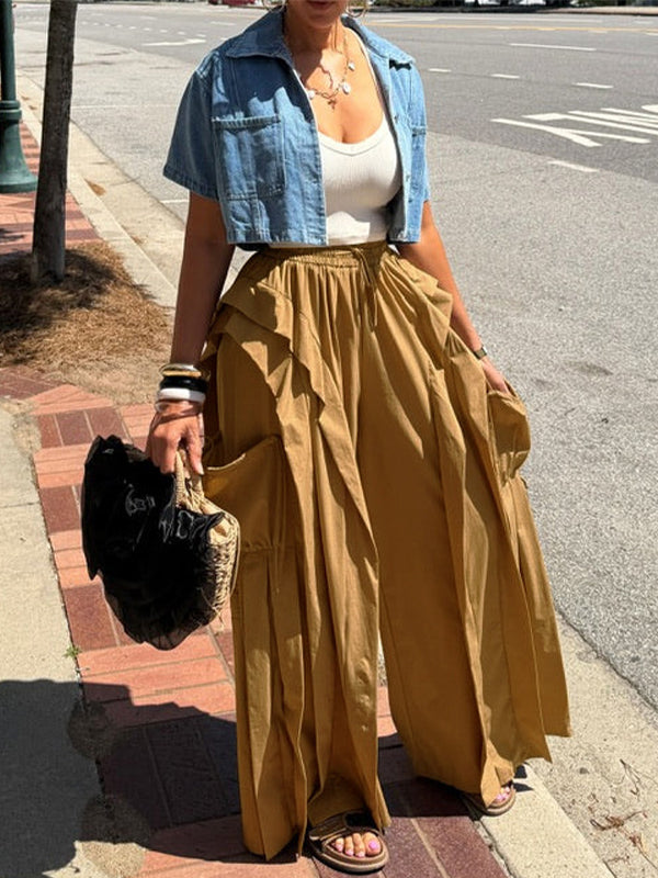 Wide-Leg Frilled Cargo Pants