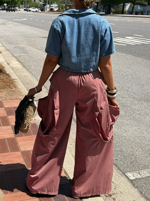 Wide-Leg Frilled Cargo Pants
