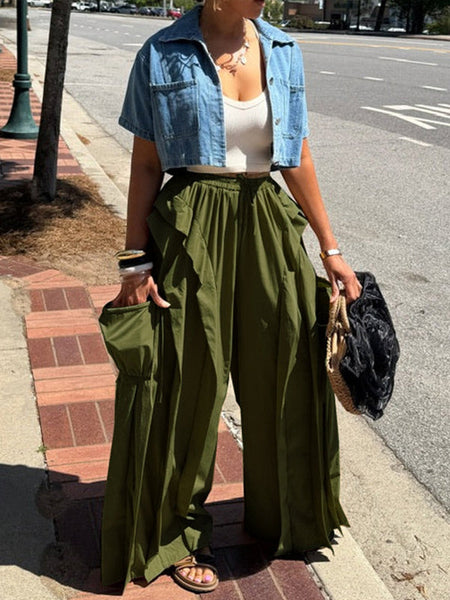 Wide-Leg Frilled Cargo Pants