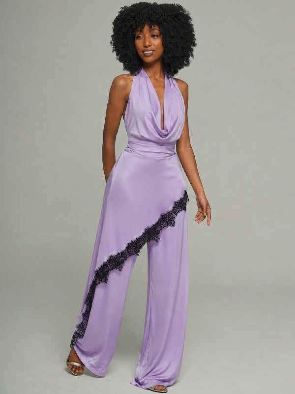 Lace-Combo Halter Top & Pants Set