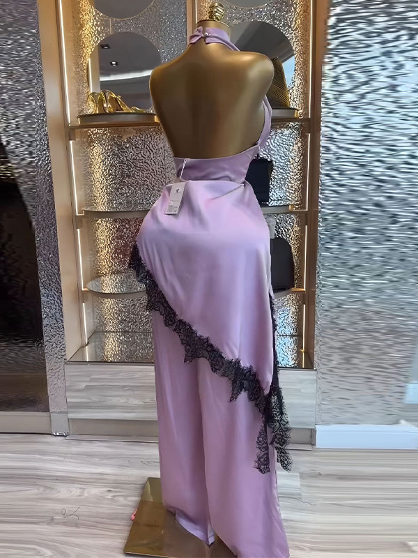 Lace-Combo Halter Top & Pants Set