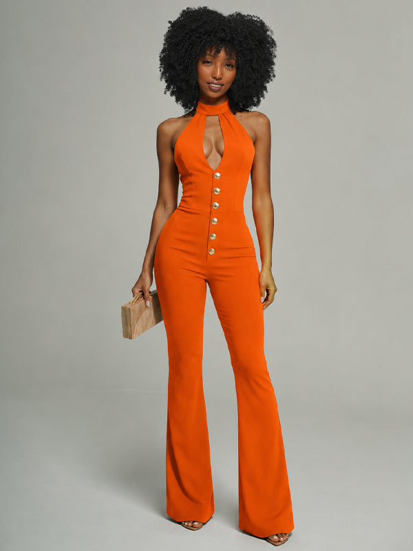 Button-Front Halter Jumpsuit