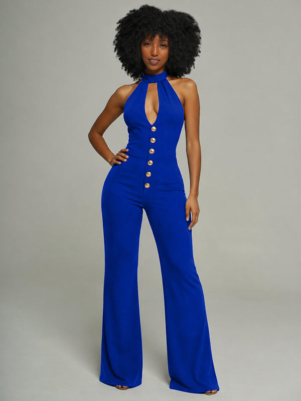 Button-Front Halter Jumpsuit