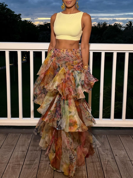 Printed Tiered Ruffle Skirt