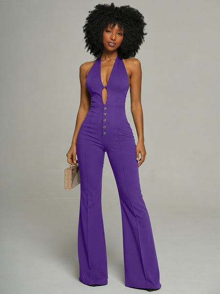 Button-Front Halter Jumpsuit