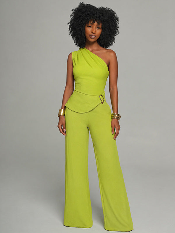 Solid One-Shoulder Top & Pants Set