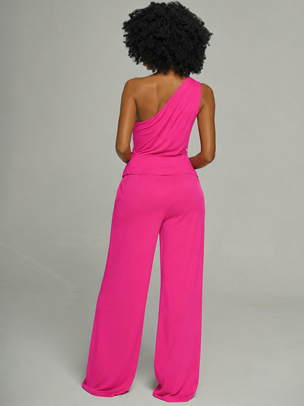 Solid One-Shoulder Top & Pants Set