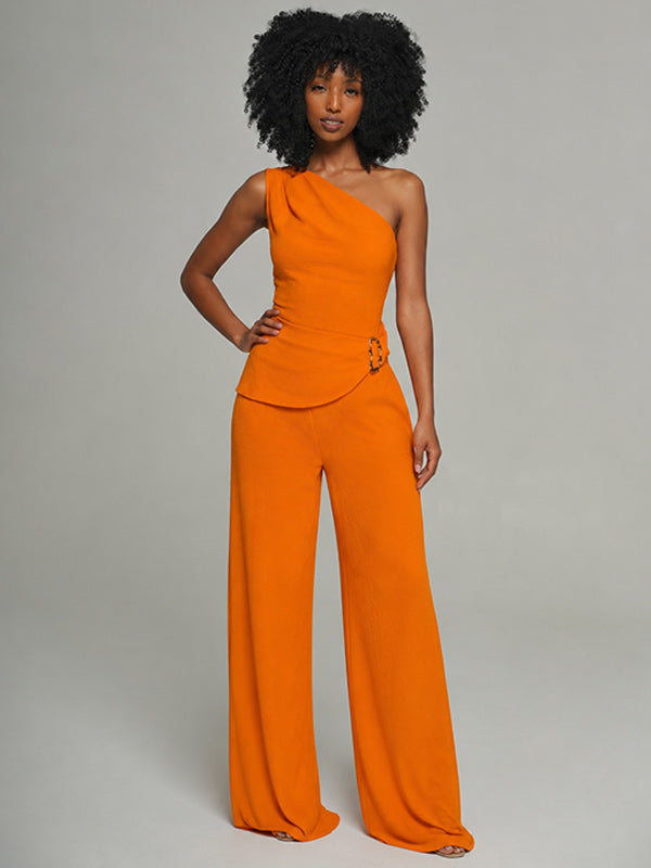 Solid One-Shoulder Top & Pants Set