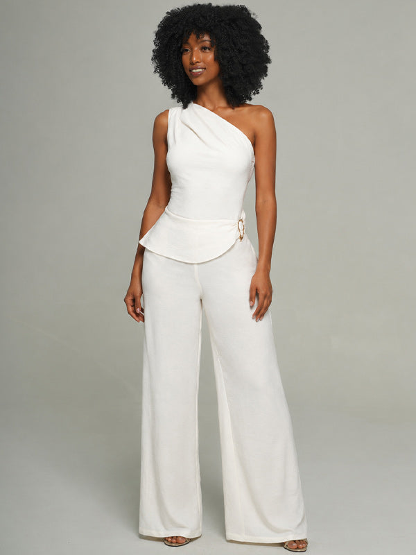 Solid One-Shoulder Top & Pants Set
