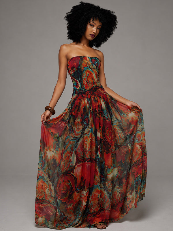 Printed Strapless Maxi Dress