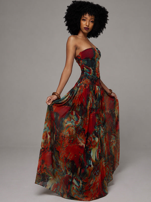 Printed Strapless Maxi Dress