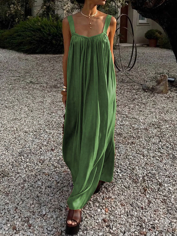 Solid Pleated Sleeveless Maxi Dress