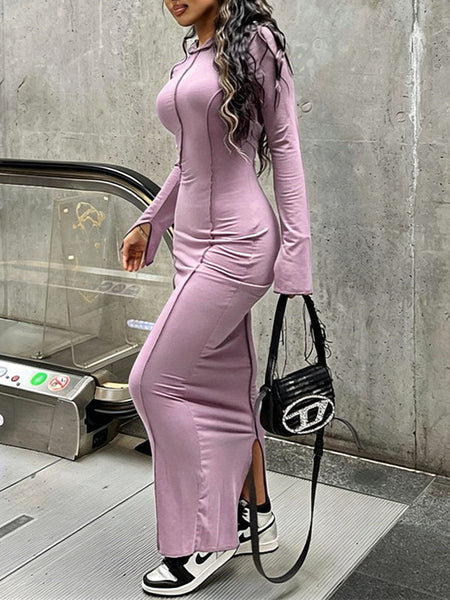Solid Slit Hoodie Dress