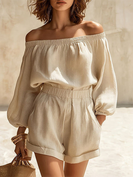 Solid Off-Shoulder Top & Shorts Set