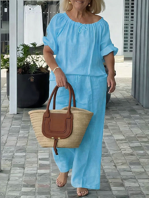 Solid Drawstring Top & Pants Set
