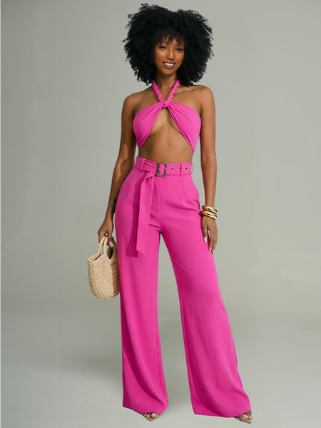 Belted Cutout Halter Jumpsuit