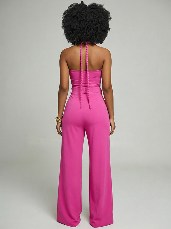 Belted Cutout Halter Jumpsuit