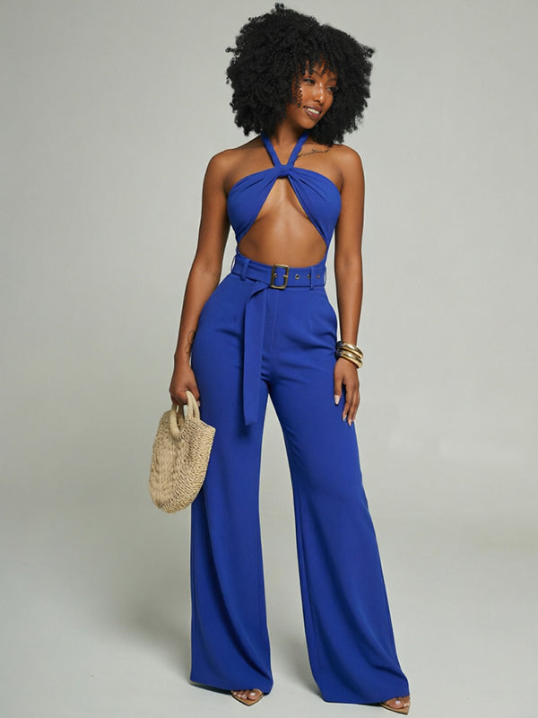 Belted Cutout Halter Jumpsuit