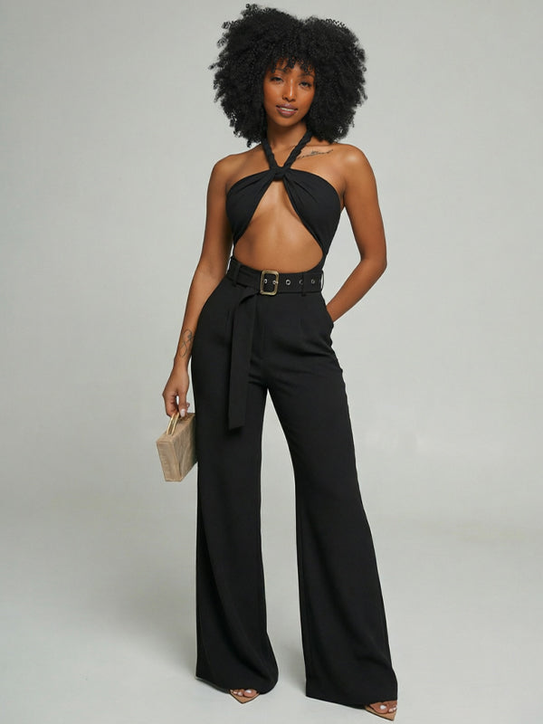 Belted Cutout Halter Jumpsuit
