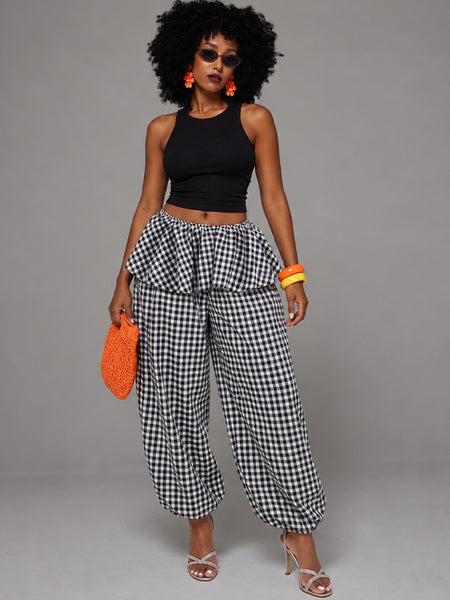 Plaid Wide-Leg Jogger Pants