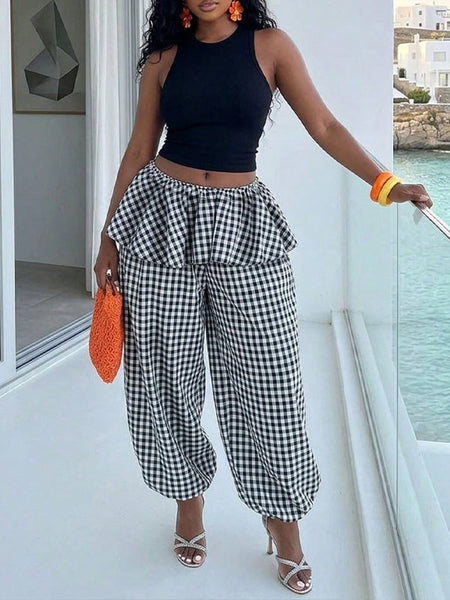 Plaid Wide-Leg Jogger Pants
