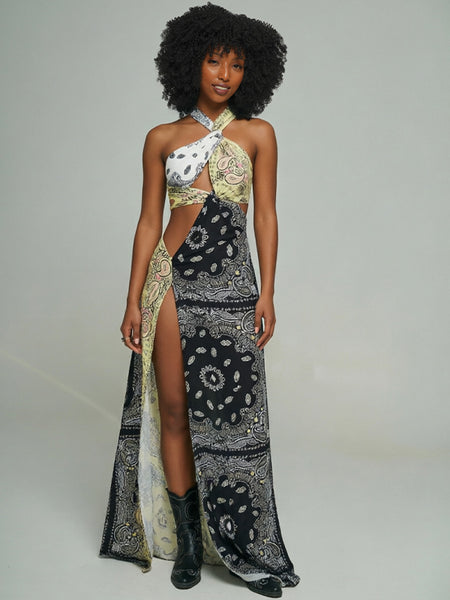 Printed Combo Slit Halter Dress