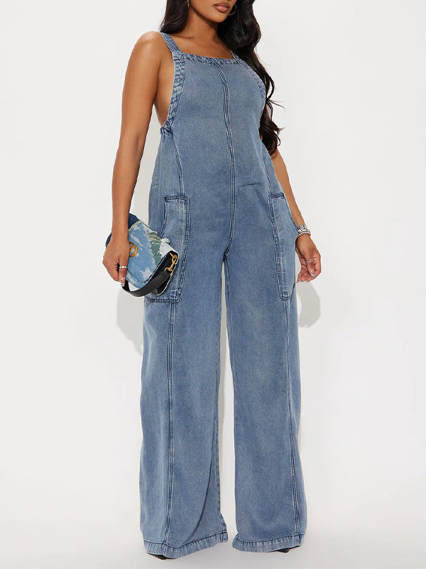 Wide-Leg Sleeveless Denim Jumpsuit