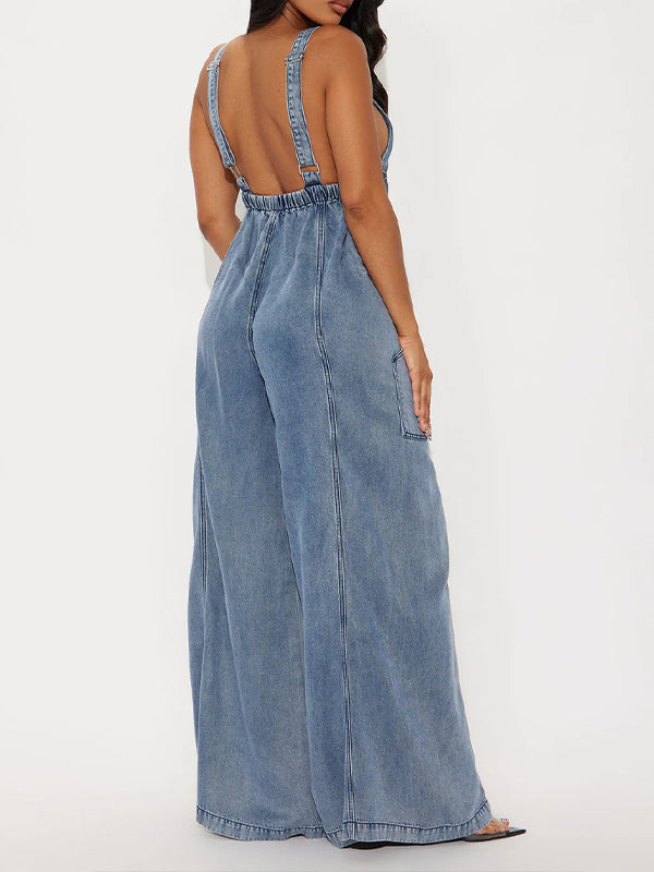 Wide-Leg Sleeveless Denim Jumpsuit