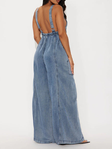 Wide-Leg Sleeveless Denim Jumpsuit