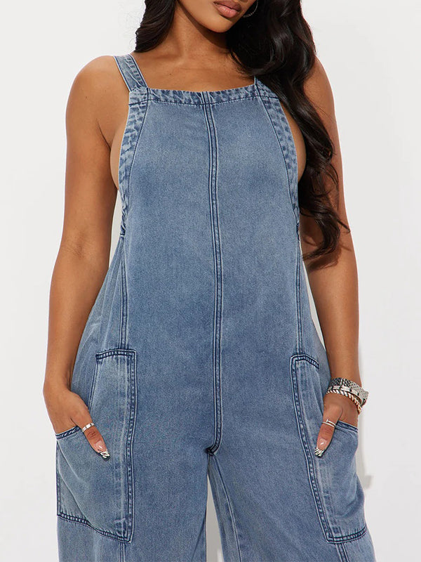 Wide-Leg Sleeveless Denim Jumpsuit