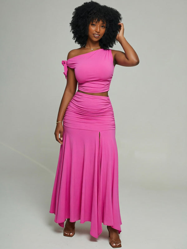 Boat-Neck Tied Top & Skirt Set