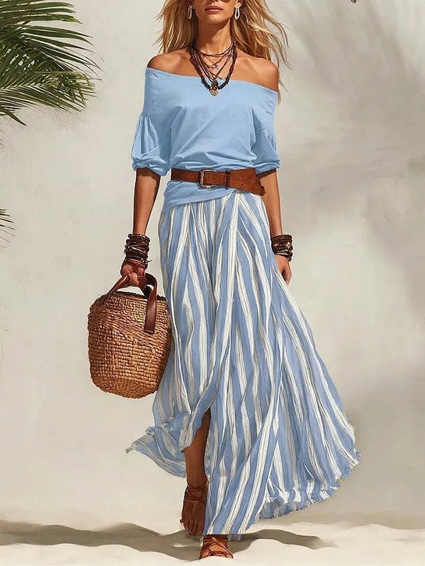 Off-Shoulder Top & Slit Skirt Set