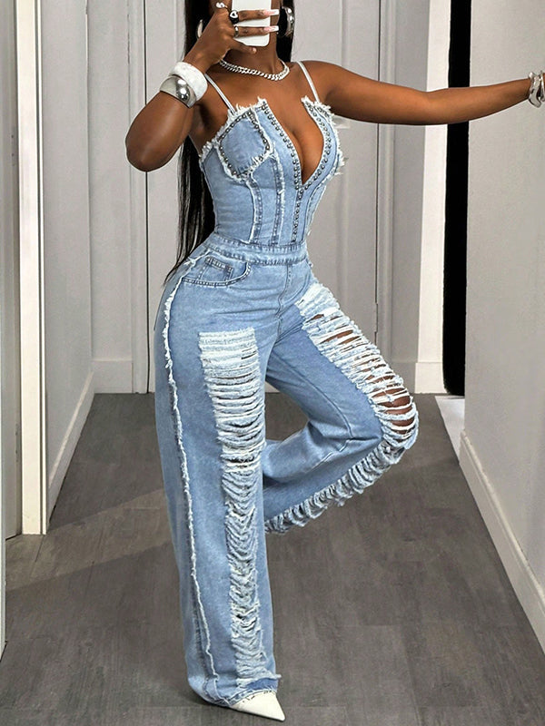 Ripped Denim Cami Jumpsuit