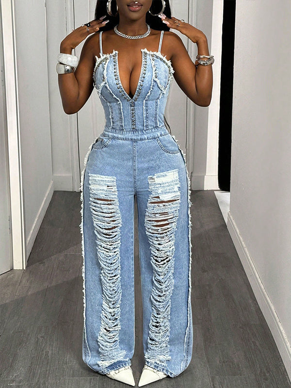 Ripped Denim Cami Jumpsuit