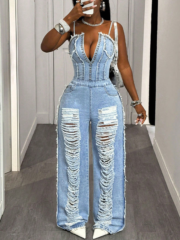 Ripped Denim Cami Jumpsuit