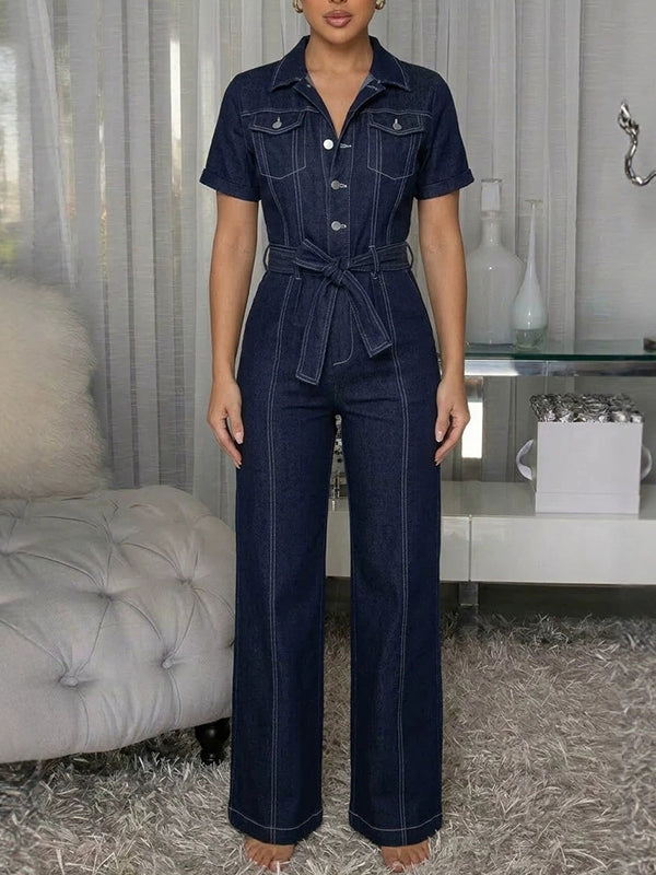 Button-Front Tied Denim Jumpsuit