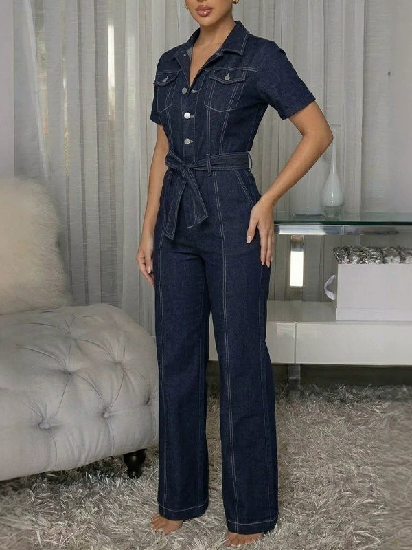 Button-Front Tied Denim Jumpsuit