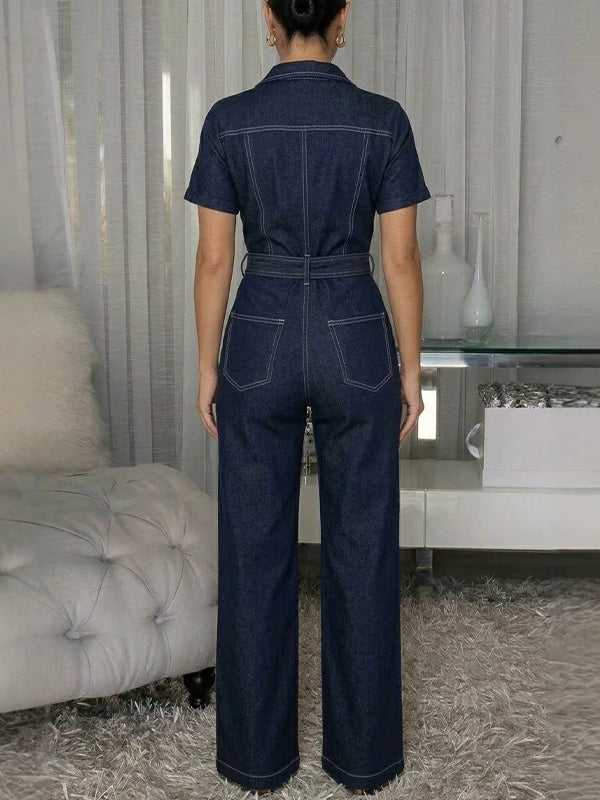 Button-Front Tied Denim Jumpsuit