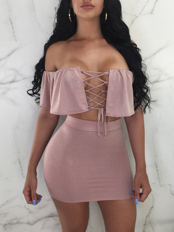 Lace-Up Off-Shoulder Top & Skirt Set