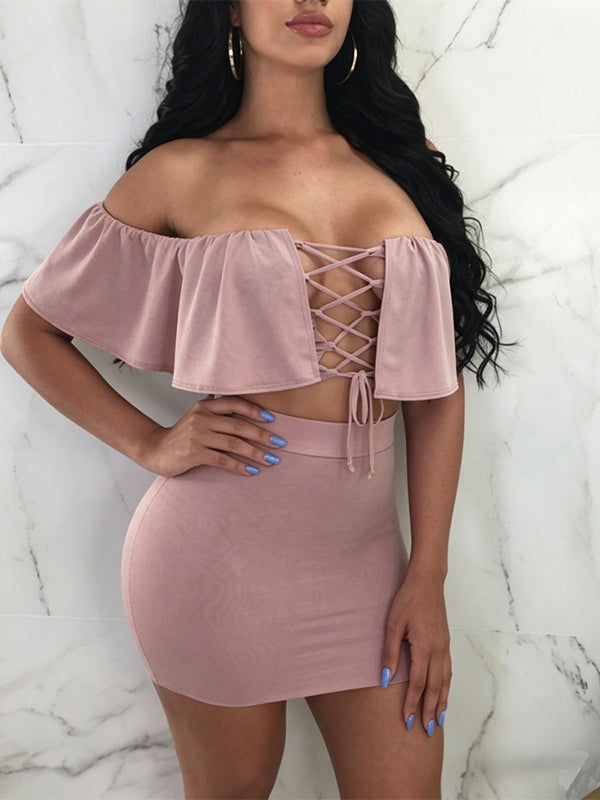 Lace-Up Off-Shoulder Top & Skirt Set