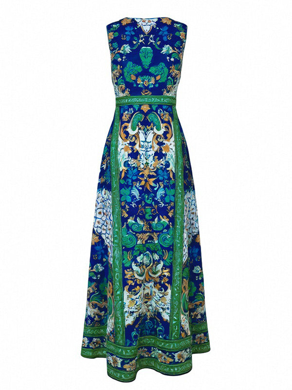 Printed V-Neck Sleeveless Dress
