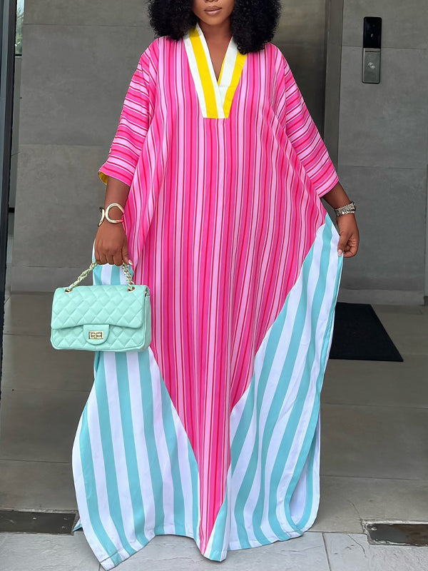 Stripe-Combo V-Neck Dress
