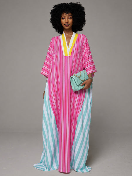 Stripe-Combo V-Neck Dress
