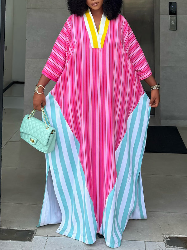 Stripe-Combo V-Neck Dress