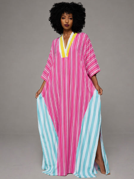 Stripe-Combo V-Neck Dress