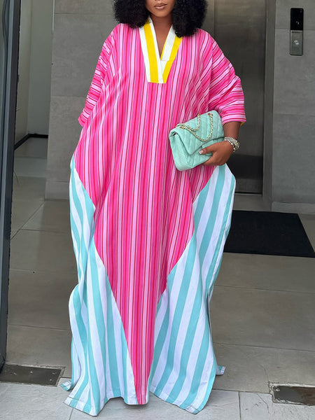 Stripe-Combo V-Neck Dress