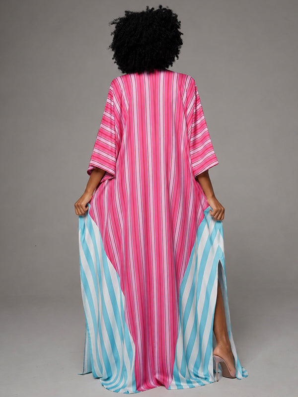 Stripe-Combo V-Neck Dress