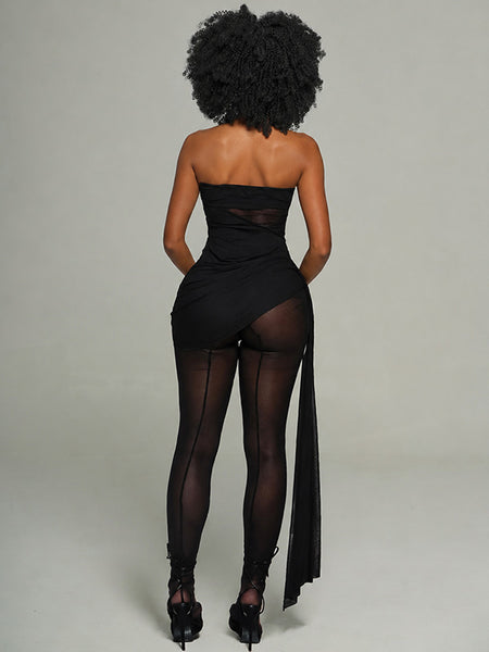 Sheer-Combo Strapless Jumpsuit